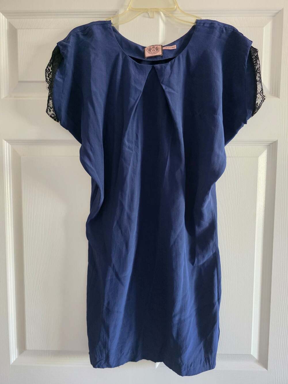 Juicy Couture Navy Silk tunic Black Lace Cap Sleeve Coquette Y2K Boho Chic Top